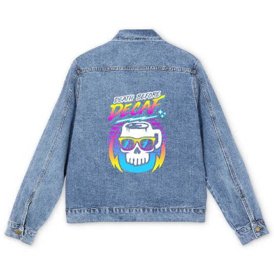 Death Before Decaf (Skull Mug) Retro Neon 80s 90s Men's Denim Jackets
