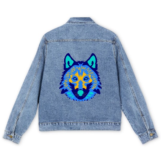 blue wolf face Men's Denim Jackets