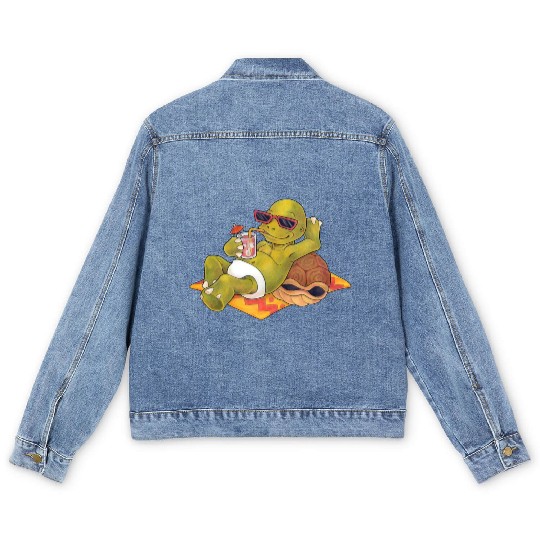 Summer turtle naked on the beach with cocktail Men's Denim Jackets