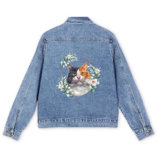 Calico Cat in a Floral Gold Wreath Frame Men's Denim Jackets