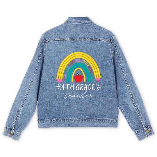 4th grade teacher back to school rainbow pencil Men's Denim Jackets