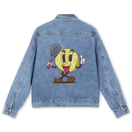 funky tennis ball walking cartoon face retro style Men's Denim Jackets