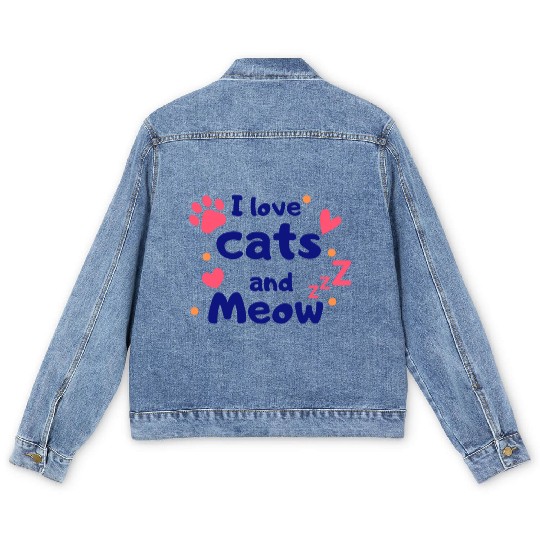 I love cats and Meow Funny Men's Denim Jackets