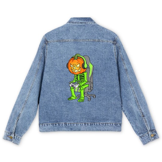 Gaming Halloween Skeleton Jack O Lantern Gamer Boy Men's Denim Jackets