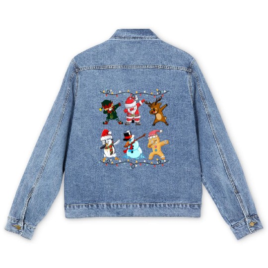 Funny Cute Dabbing Santa Elf Friends Christmas Mem Men's Denim Jackets