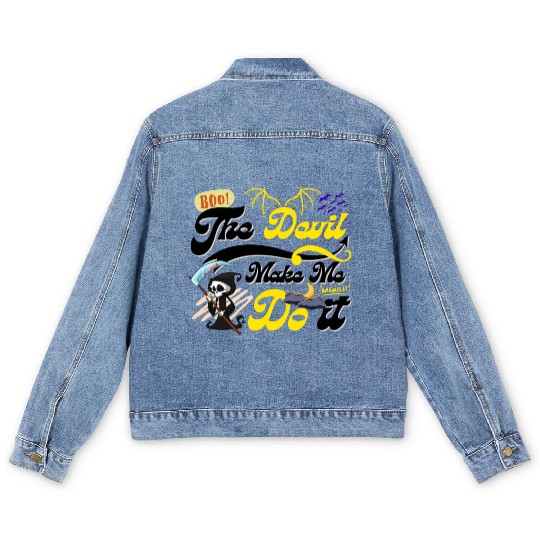 Devil Make Me Do it Death toon funny Halloween. Men's Denim Jackets