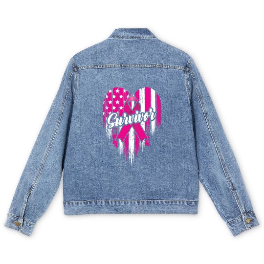 Breast Cancer Survivor Pink Ribbon American Flag Men's Denim Jackets