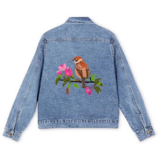 Sparrow on a branch pink flowers of an apple tree Men's Denim Jackets