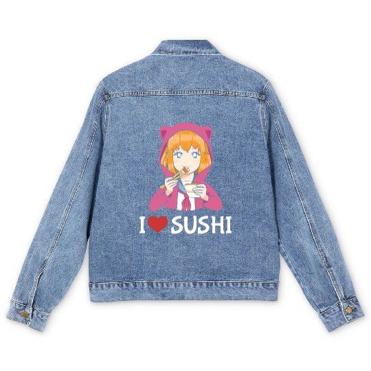 Kawaii Anime Girl I Love Sushi Men's Denim Jackets
