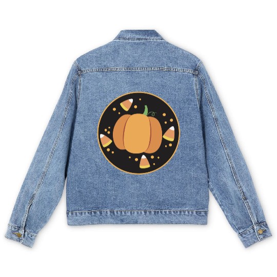 Pumkpin on a circle with candy corn Men's Denim Jackets