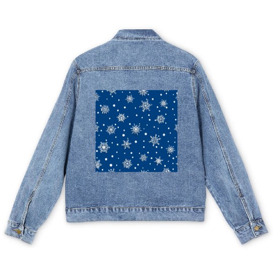 Modern Navy Blue Snowflakes Pattern Men's Denim Jackets