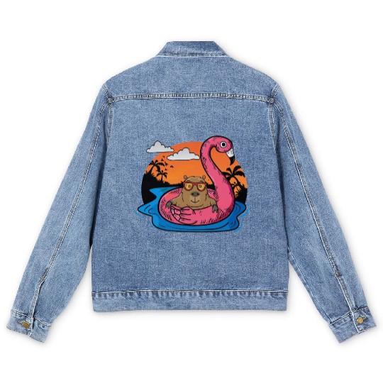 Capybara Swimming Pool Gifts Men Flamingo Capybara Men's Denim Jackets