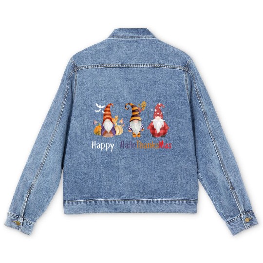 happy hallo thanksmas Thanksgiving gnome Funny Men's Denim Jackets