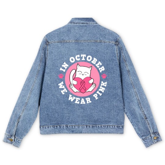 In October We Wear Pink Breast Cancer Warrior Cat Men's Denim Jackets