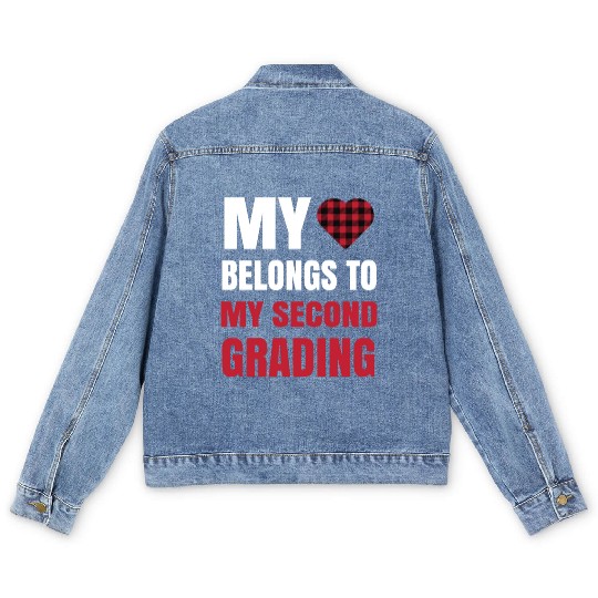 Heart Buffalo Plaid Clothes 2nd Grade Teacher Men's Denim Jackets
