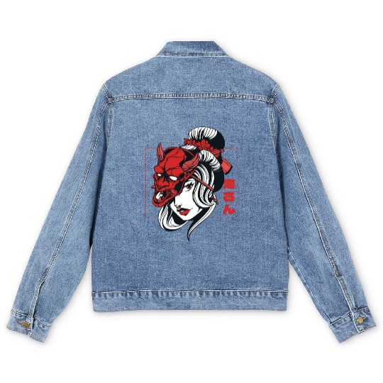 Oni Mask Samurai Demon Girl Japanese Anime Shinobi Men's Denim Jackets