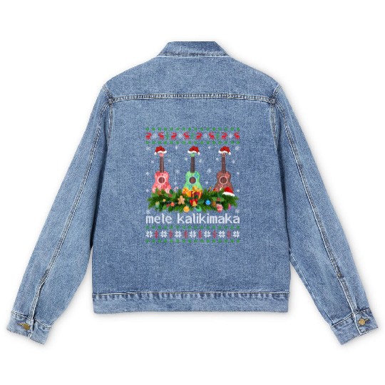 Mele Kalikimaka Ukulele Guitar Gift Ugly Ukulele Men's Denim Jackets