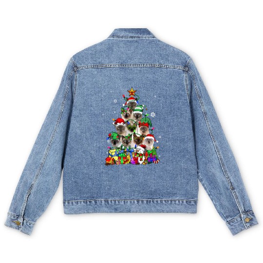 Cat Lover Funny Siamese Tree Christmas Light Men's Denim Jackets