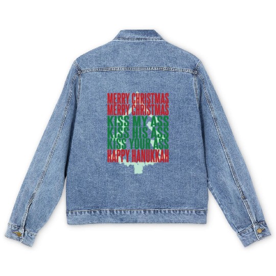 Merry Christmas Kiss My Ass Funny Hanukkah Tree Men's Denim Jackets