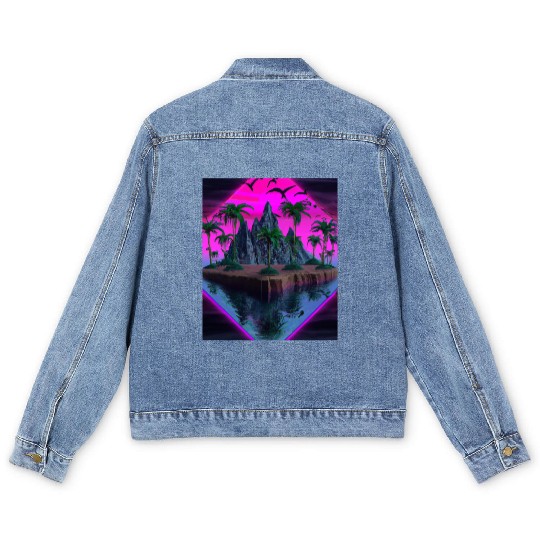Vaporwave Aesthetic Tropic Island With Palms And Men's Denim Jackets