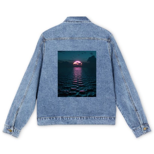 Vaporwave Aesthetic Sunset Above Dark Sea Men's Denim Jackets