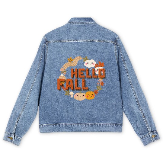 Hello Fall Cute Nature Autumn leaves Pumpkins Men's Denim Jackets