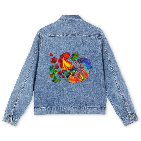 Magic cock. Petrykivka painting. Rainbow rooster Men's Denim Jackets