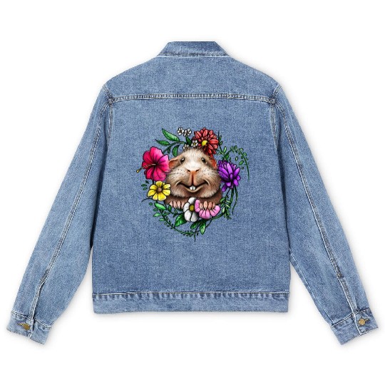 Smooth Hair Guinea Pig With Colorful Flowers Men's Denim Jackets