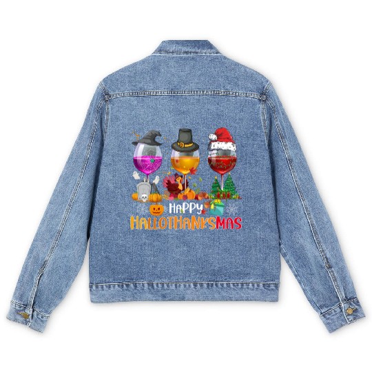 Wine Glasses Witch Santa hat Happy Hallothanksmas Men's Denim Jackets