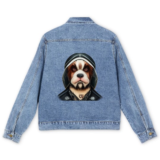 Biker Saint Bernard's dog portrait motorcycle Men's Denim Jackets
