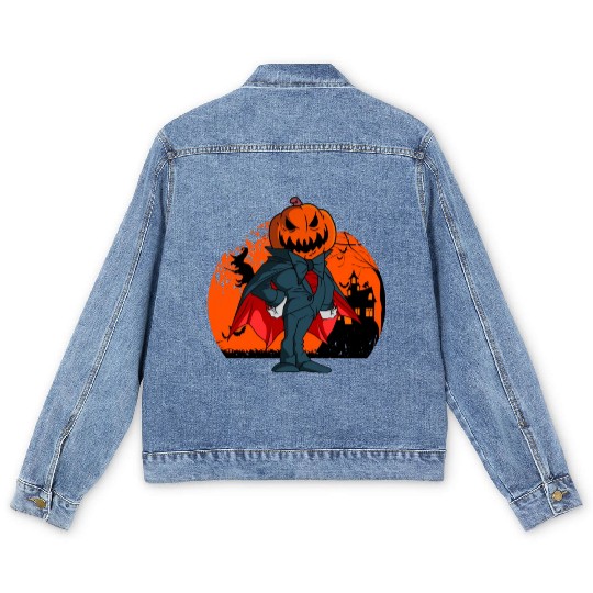 Vampire Pumpkin Head Jack O' Lantern Halloween Men's Denim Jackets