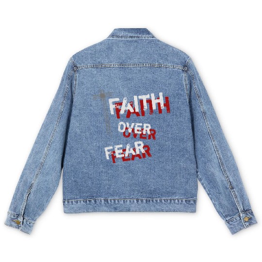 Inspirational Christian Cross Faith Over Fear Men's Denim Jackets