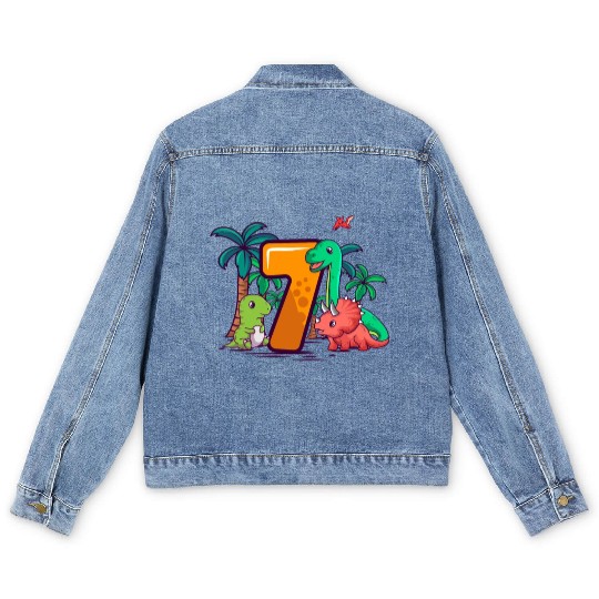7th Birthday Trex Triceratops Dinosaur 7 Year Men's Denim Jackets