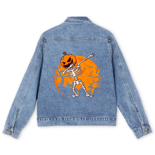 Dabbing Skeleton Jack O Lantern Pumpkin Halloween Men's Denim Jackets