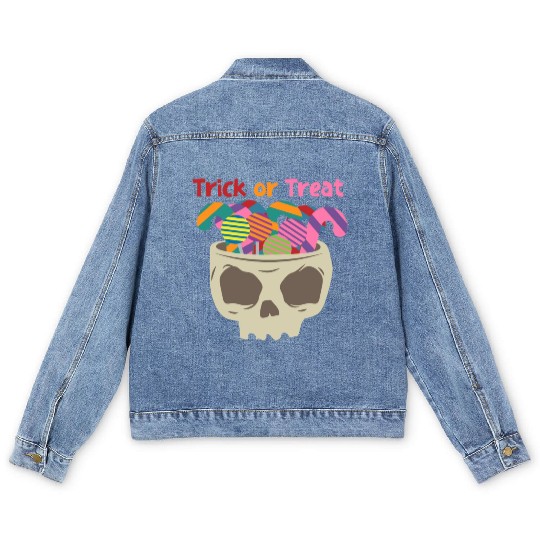 Halloween Trick or Treat scary Skull with Candy Men's Denim Jackets