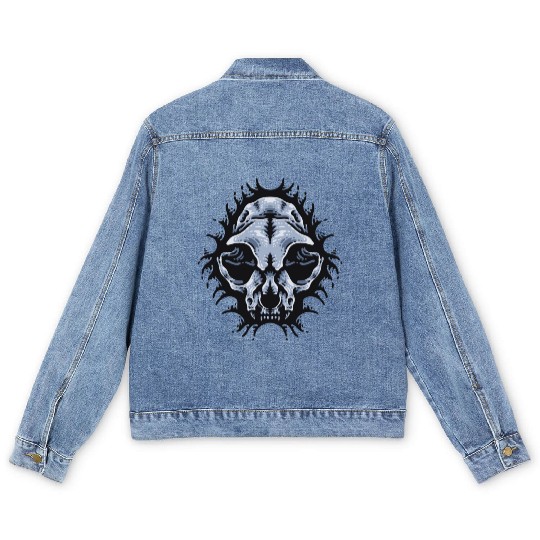 Cat Skull Bursting out gray scale oddities Men's Denim Jackets