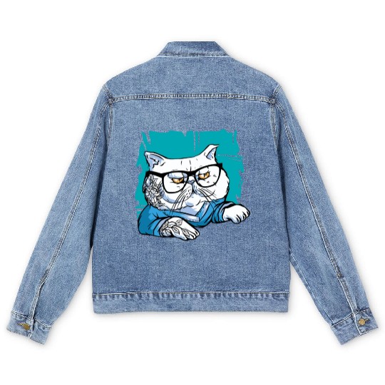 Stylish Nerd Persian Cat Beanie Glasses Tattoo Men's Denim Jackets