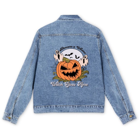 Beware a Wicked Witch Lives Here Men's Denim Jackets