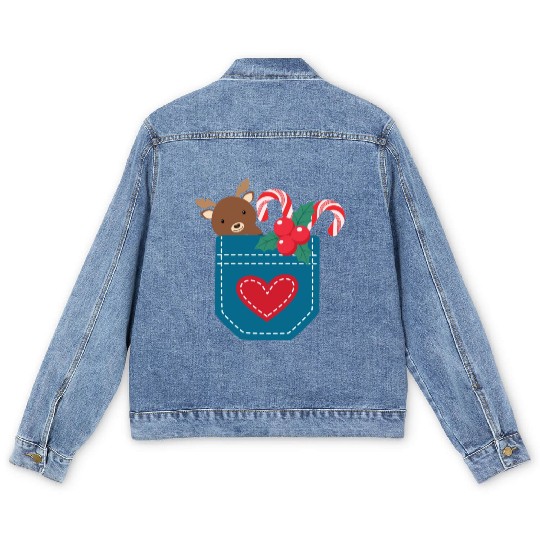 Christmas moose peppermint pocket Men's Denim Jackets