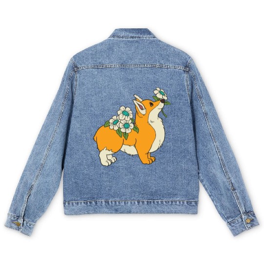 Corgi Flower Mom Cute Dog Lover Men's Denim Jackets