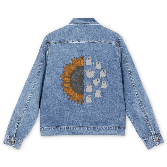 Halloween Theme Cute Ghost Sunflower Coffee Lover Men's Denim Jackets