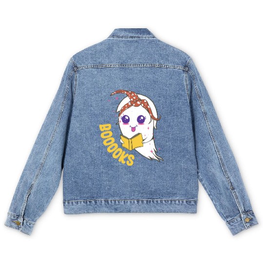 Cute Ghost Book Reading for teacher booooks Men's Denim Jackets