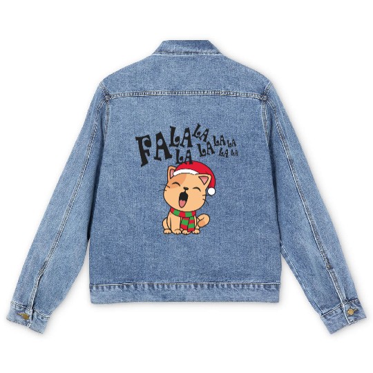 Cute Christmas Cat Singing Fa la la la Song Men's Denim Jackets