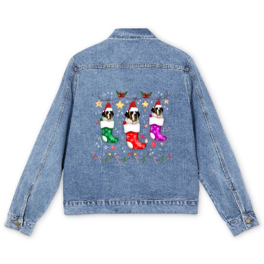 Saint Bernard Christmas Lights Gift Funny Xmas Dog Men's Denim Jackets