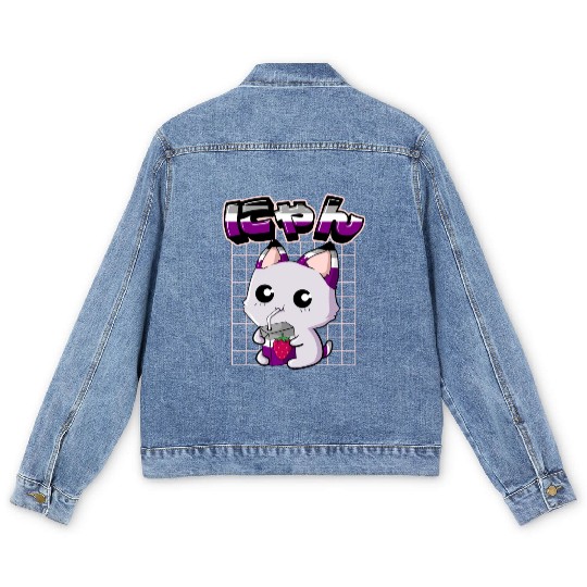 Asexual Pride Kawaii Cat Strawberry Milk Asexual F Men's Denim Jackets