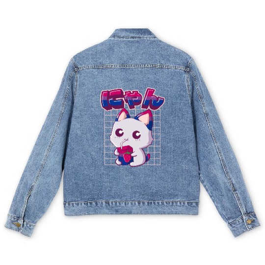 Bisexual Pride Bi Kawaii Cat Strawberry Milk Bisex Men's Denim Jackets