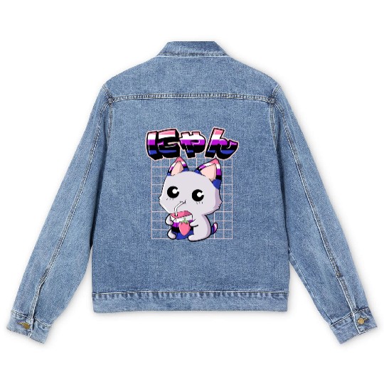 Genderfluid Pride Kawaii Cat Strawberry Milk Men's Denim Jackets
