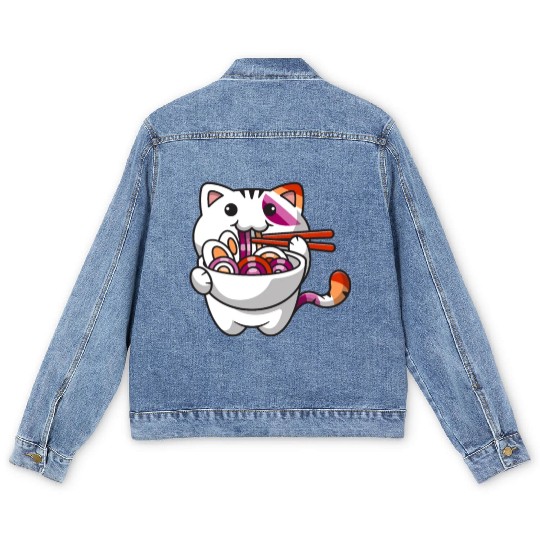 Lesbian Pride Gay Kawaii Cat Ramen Noodles Lesbian Men's Denim Jackets