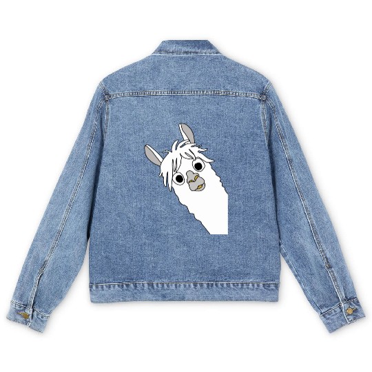 Laughing alpaca comic lama in white with big eyes Men's Denim Jackets