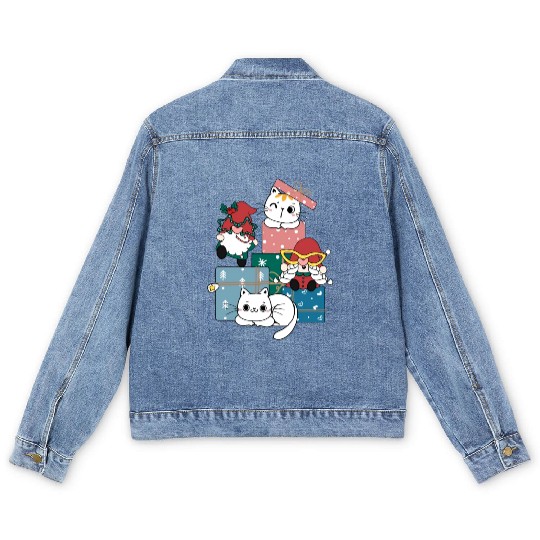 cute gnome and kitty cats on present gift box Men's Denim Jackets